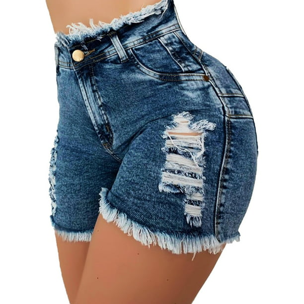 Womens Ladies Ripped Shorts Denim Jeans Mesh Net High Waist Stretch 4 6 8 10 12 